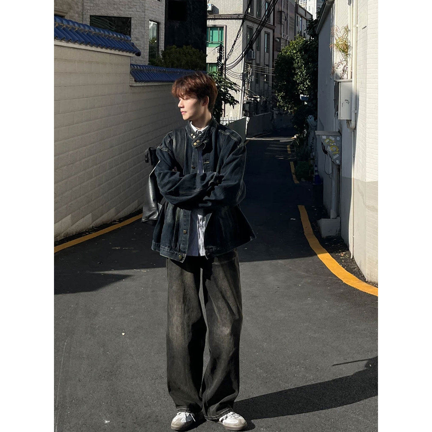 春秋季美式复古做旧立领排扣牛仔外套男款潮牌宽松高级感痞帅夹克