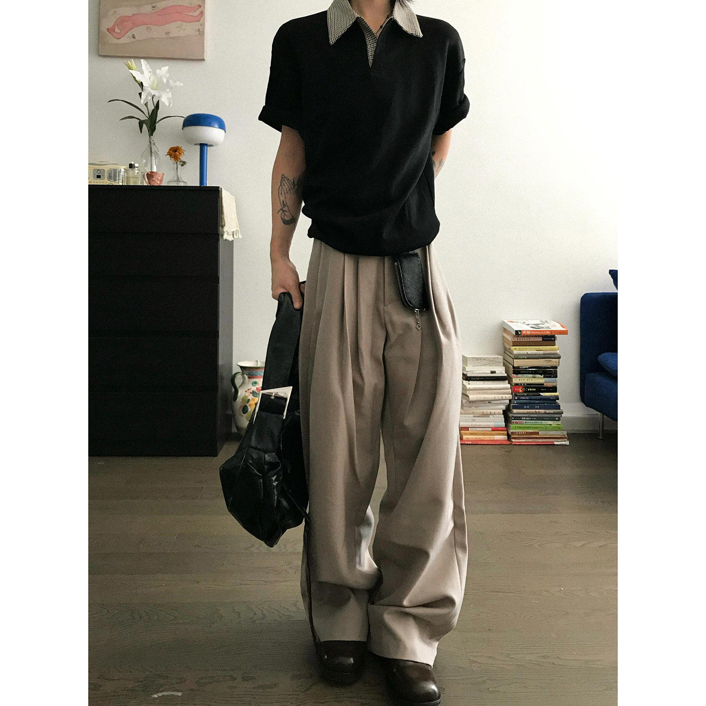 千鸟格拼接短袖polo衫男款夏季美式高街翻领t恤cleanfit正肩半袖