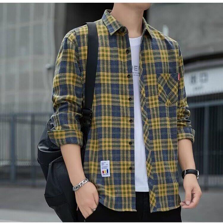 格子休闲衬衫男士春秋季长袖衬衫韩式上衣服复古宽松夏季薄款外套