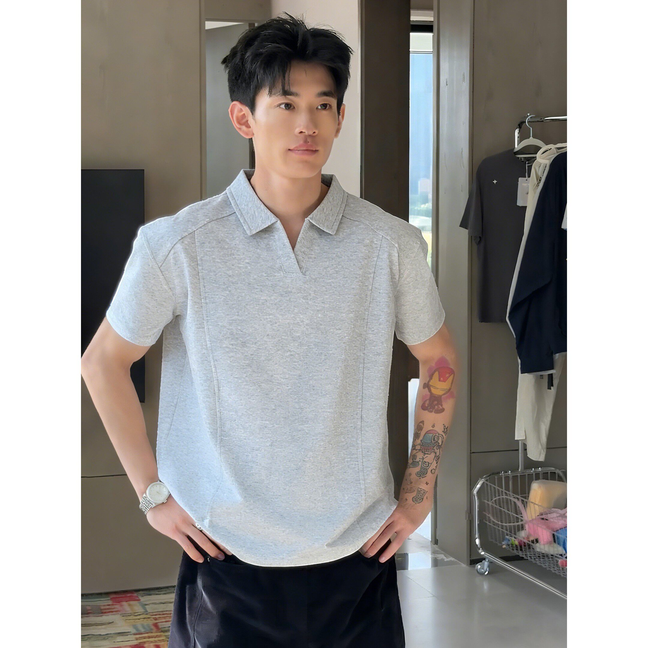 黑色海鸥V领重磅T恤男款夏季正肩boxy拼接短袖美式显瘦Polo半袖