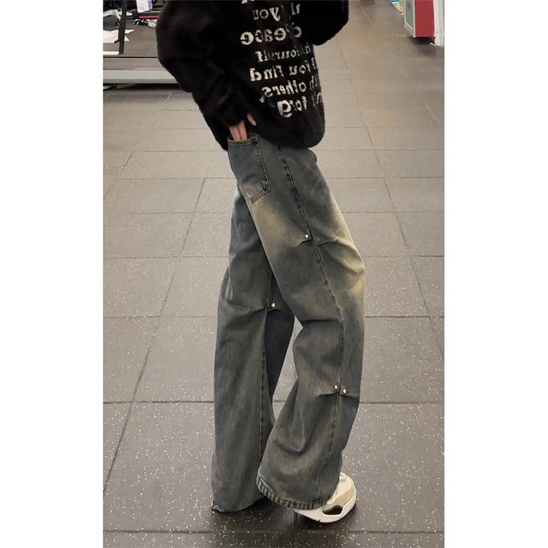 铆钉微喇牛仔裤男款春季褶皱美式痞帅高级感裤子显腿长垂感直筒裤