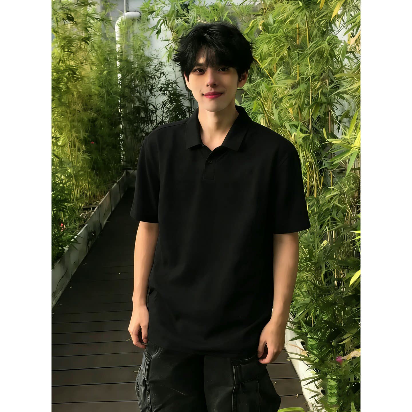 藏青色重磅polo衫男短袖夏季少年感正肩翻领t恤cleanfit五分袖