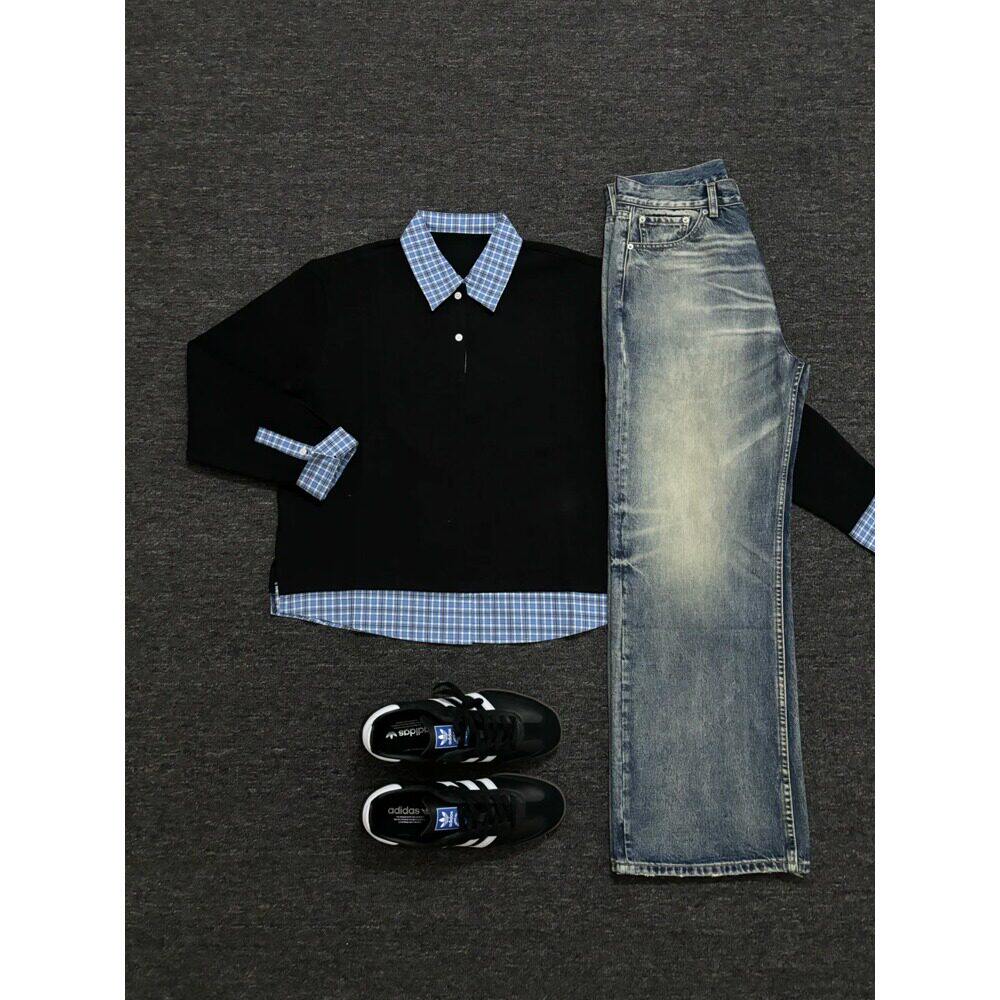 藏青格纹假两件拼接polo长袖厚棉Tcleanfit休闲miu系上衣男