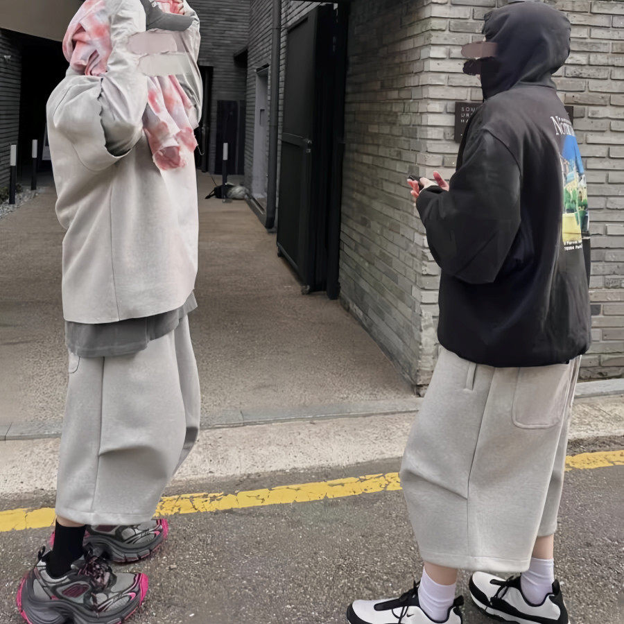 夏季廓形打褶灰色弯刀七分过膝短裤男款宽松直筒显瘦卫裤休闲裤子