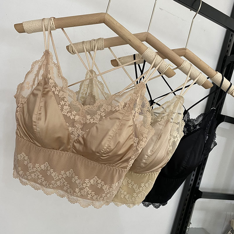 法式秋冬磨毛蕾丝交叉带美背内衣女聚拢透气乳胶垫性感抹胸衣吊带