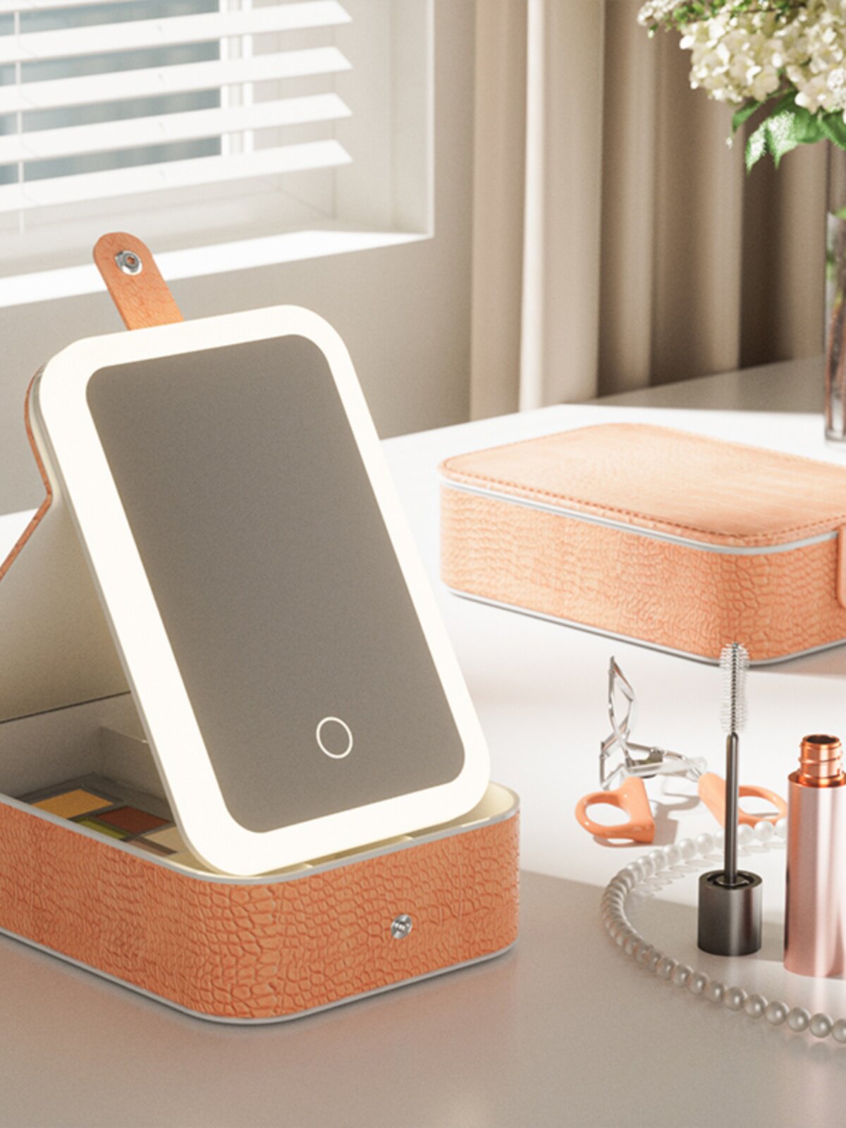 led化妆镜带灯三色光梳妆台镜子带收纳办公室台式桌面折叠镜网红