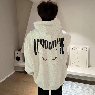 国潮美式高街灰色连帽卫衣男加绒加厚重磅纯棉硬挺青少年外套上衣