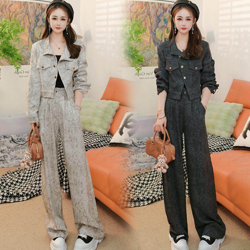 时尚套装女2024秋季新款洋气显瘦水墨画短款外套阔腿裤休闲两件套,女装/女士精品,时尚套装,淘宝优惠券,粉丝福利购,淘宝优惠卷