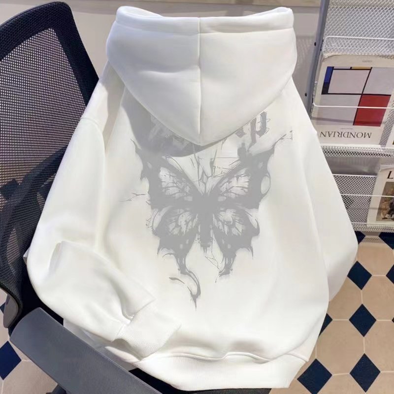 欧美个性蝴蝶印花连帽卫衣女童街头小众设计感宽松oversize上衣