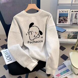 2025纯棉女童加绒白灰色圆领卫衣秋冬新款上衣中大童长袖打底衫