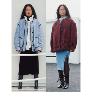 PaleBlueDot蓝点2025冬古典休闲玩味廓形抽绳荷叶边竖条绗棉外套