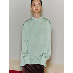 PaleBlueDot蓝点2025秋季中式立领宫廷褶皱玉黛绿宽松长袖衬衣女
