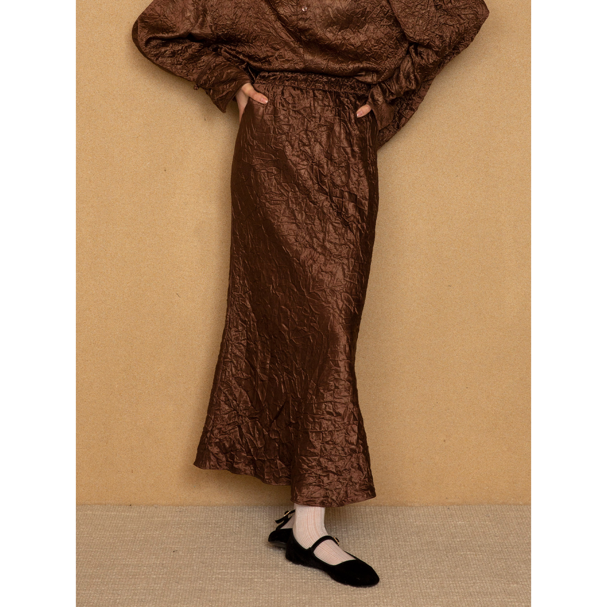 蓝点棕色醋酸褶皱鱼尾松紧腰半裙