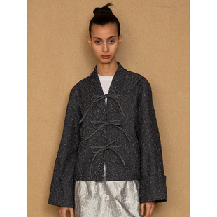 PaleBlueDot蓝点·时髦新中式早春藏蓝牛仔A字绑绳中性开衫外套