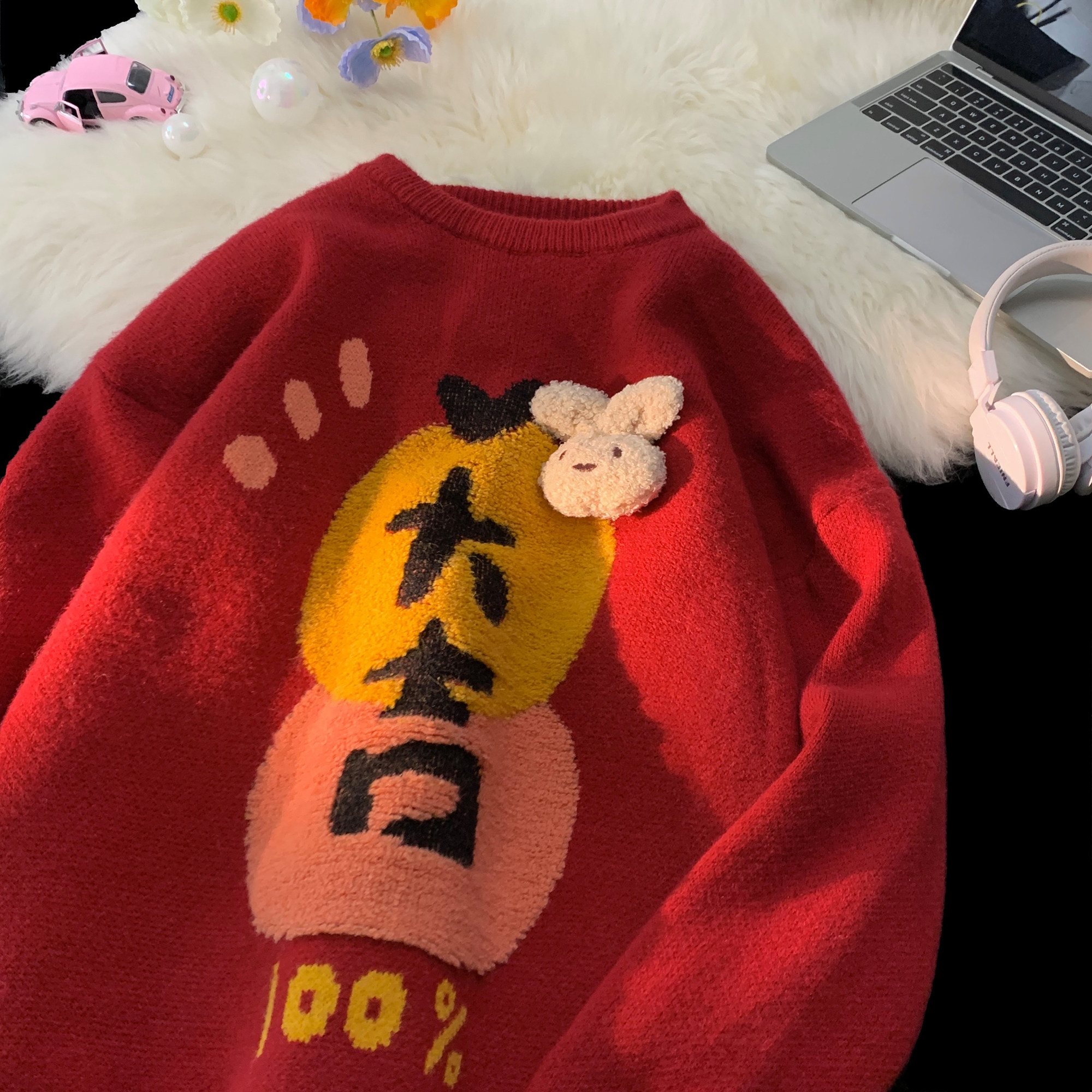 MM125-P65 红色大吉大利高级氛围感毛衣 闺蜜情侣套头针织衫图片
