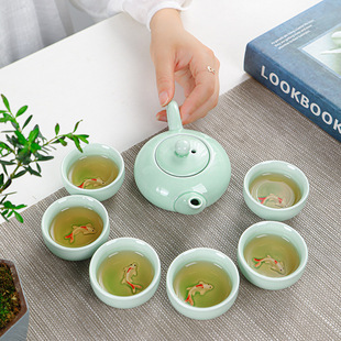 旅行茶具青瓷小鱼套装 便携式 结婚开业房地产伴手礼礼品可加印Logo