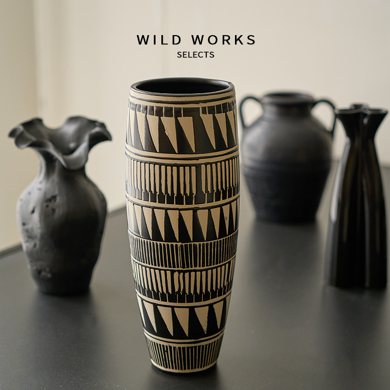 野作陶瓷花瓶中古黑花器花盆客厅