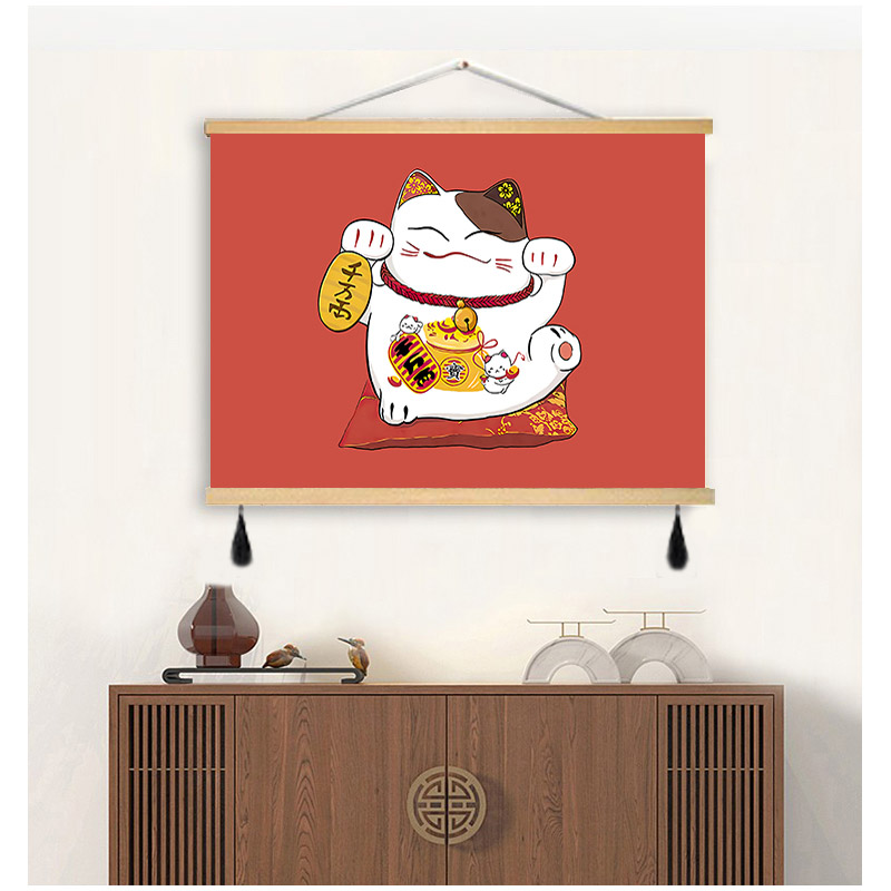 新中式招财猫电表箱遮挡装饰画客厅卧室壁画布艺挂画卡通背景挂布