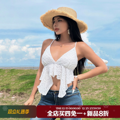法式纯欲不规则白色挂脖吊带背心