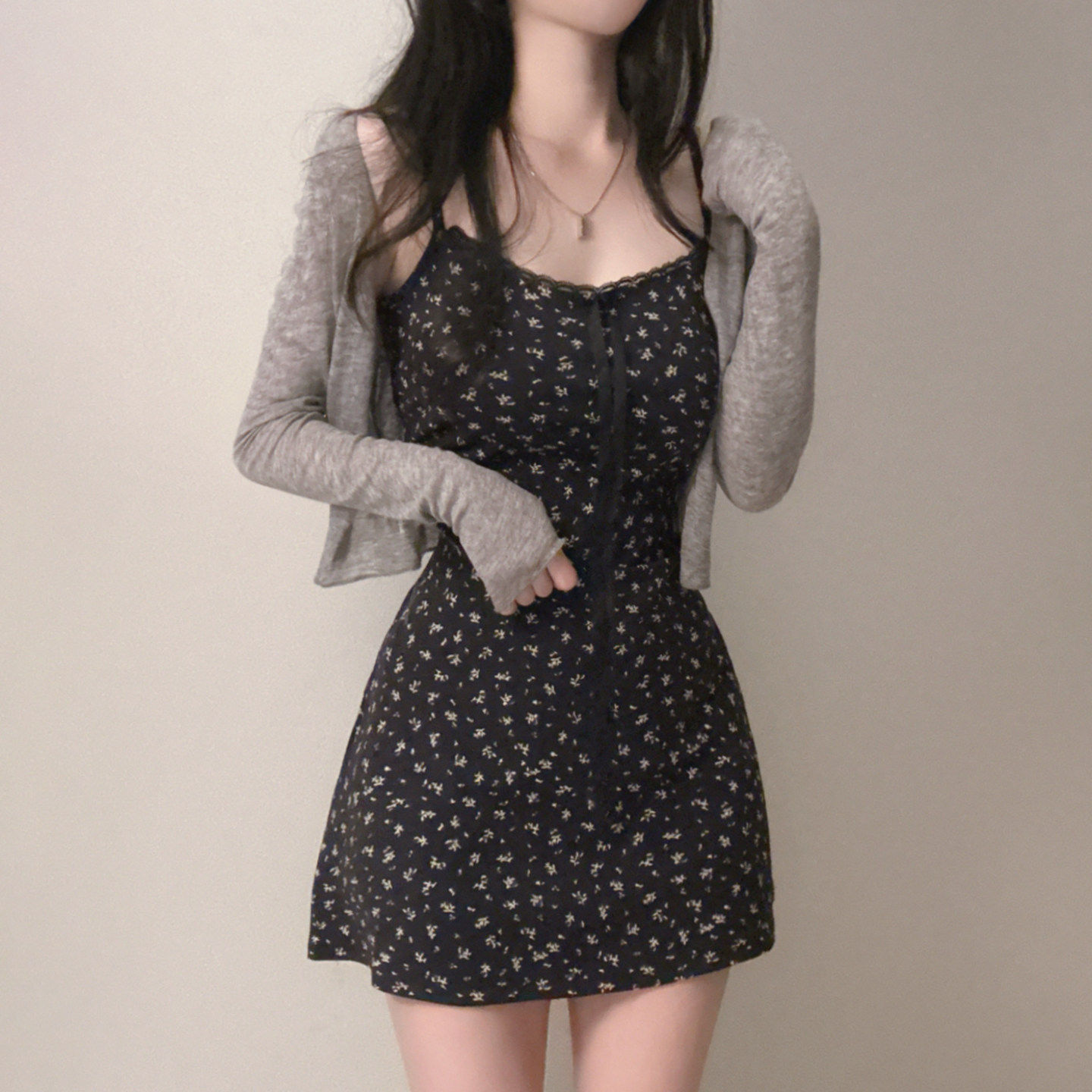 SEEYOULATER 森系田园碎花修身百搭印花两件套连衣裙+长袖罩衫女