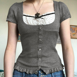 SEEYOULATER 显瘦荷叶边上衣 纯欲bm风撞色波点假两件针织T恤修身