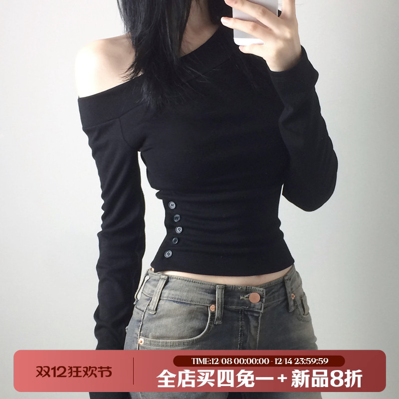 美式基础简约修身斜肩长袖T恤女