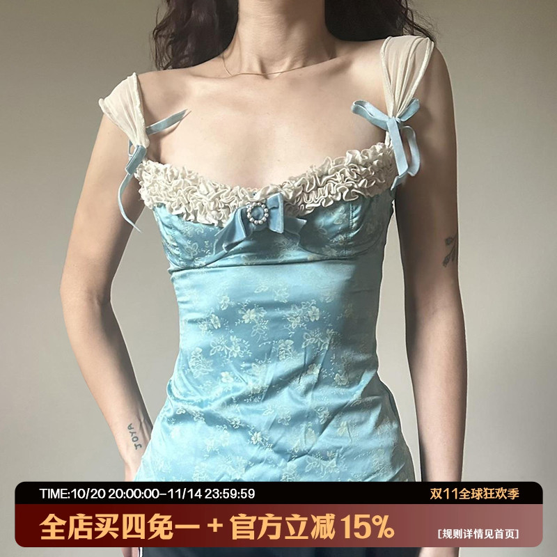 油画宫廷风复古木耳边蝴蝶结吊带