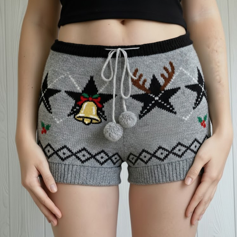 圣诞麋鹿五角星图案毛球系带短裤