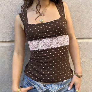 辣妹百搭上衣 纯欲蕾丝波点棕色吊带背心复古修身 SEEYOULATER 法式