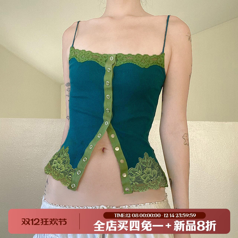 复古撞色美感修身蕾丝吊带背心女