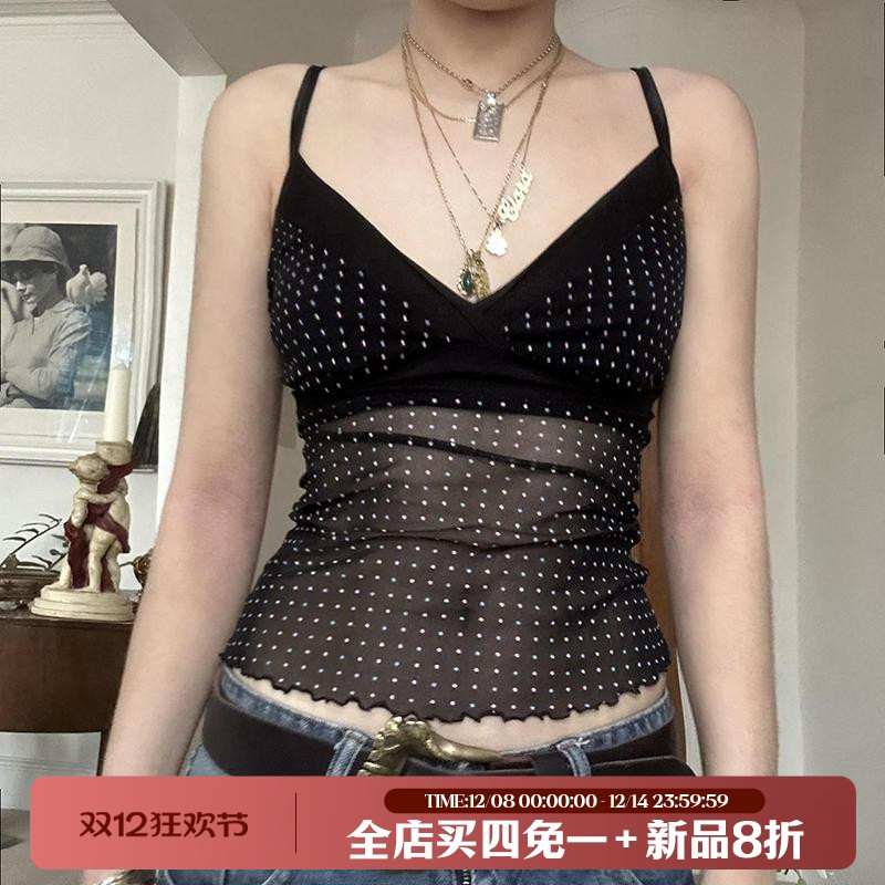 禁欲暗黑透视网纱拼接波点上衣女