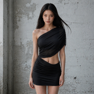 SEEYOULATER 美式辣妹斜肩黑色网纱露腰连衣裙修身设计感包臀短裙