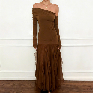 显瘦设计感长裙 优雅层叠棕色网纱斜肩连衣裙修身 SEEYOULATER 法式