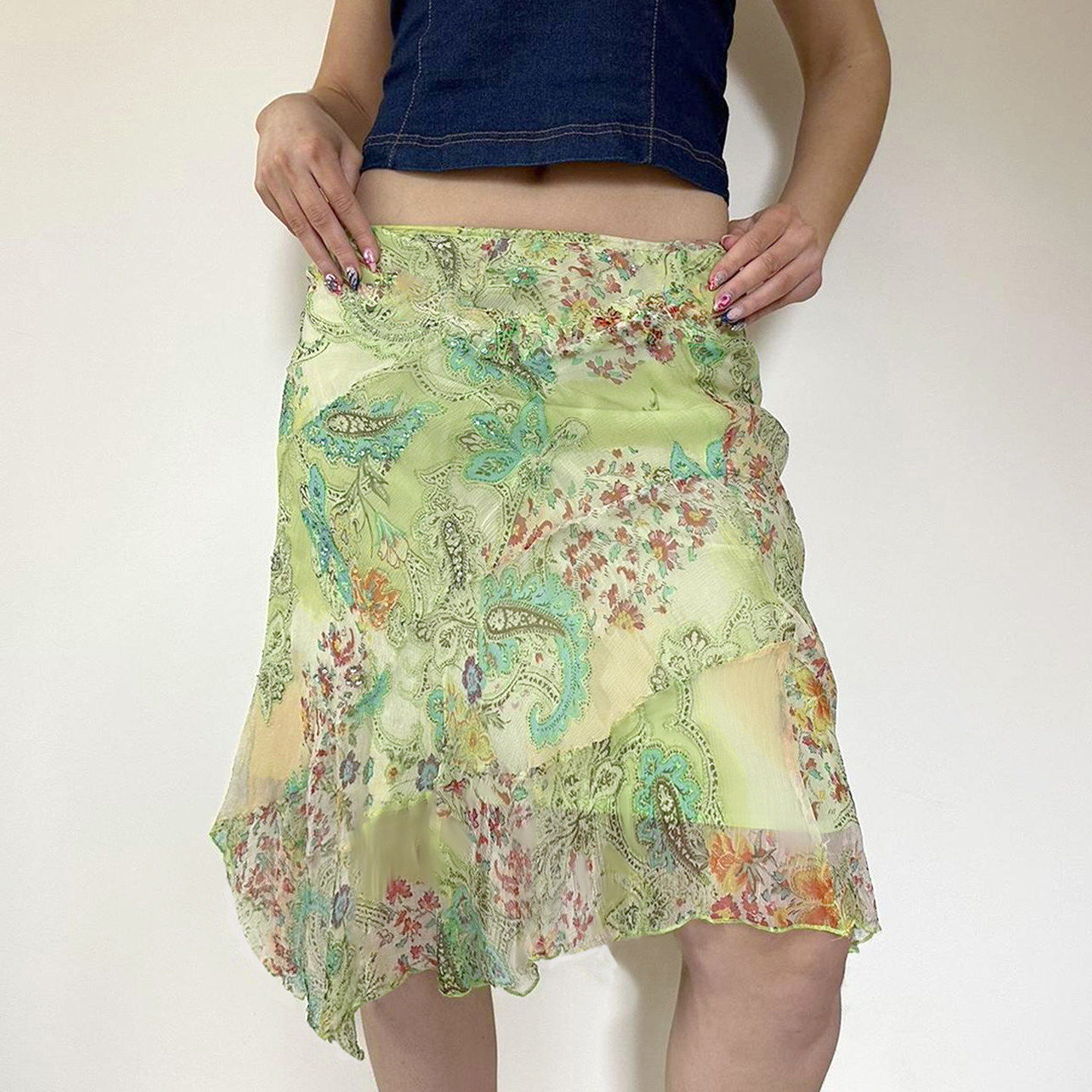 SEEYOULATER 绚彩植物印花修身垂感网纱半身裙复古百搭不规则短裙