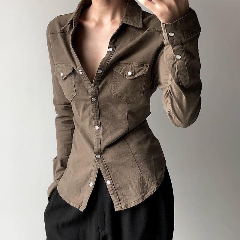 暮光女修身排扣翻领工装口袋衬衫