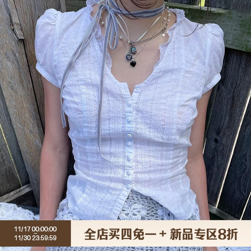 纯欲bm风简约百搭蕾丝v领少女T恤