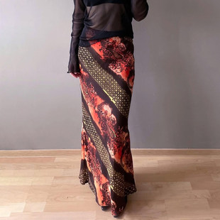 SEEYOULATER 艳丽新中式拼色植物印花包臀长裙优雅气质辣妹半身裙