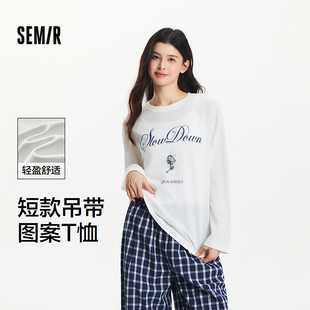 [商场同款]森马长袖T恤女短吊带图案宽松上衣2025夏季新款两件套