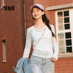 森马长袖T恤女设计感满印修身叠穿2025春季新款薄透网纱上衣温柔
