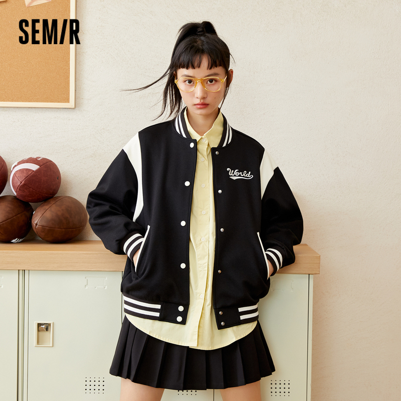 [商场同款]森马外套女拼色夹克时尚休闲风2023秋季新款刺绣棒球服