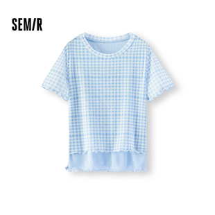 森马短袖T恤女夏短款格纹网纱假两件紧身2026新款温柔设计感衣服