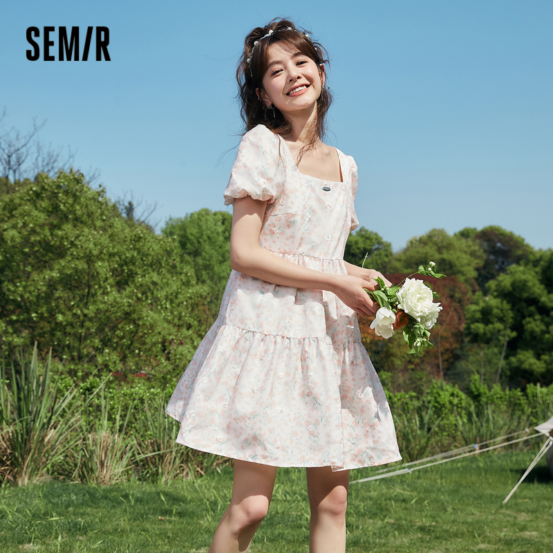 森马连衣裙女泡泡袖绣花碎花裙2023夏新款欧根纱公主裙小清新甜美