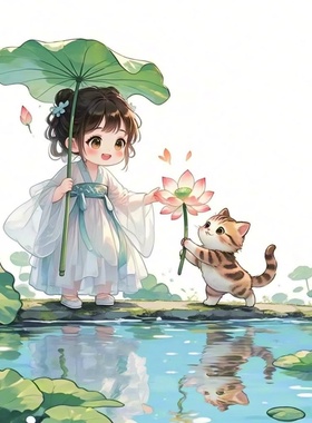 治愈系古风荷花女孩创意贴画卧室玄关客厅墙贴儿童房衣柜门贴自粘