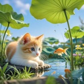 仿真小猫猫躺在荷花池边抓鱼图案装 饰画家居餐厅客厅墙上平面自粘