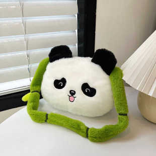 可爱毛绒竹子熊猫斜挎包女2024新款 秋冬卡通单肩手提小包包手机包