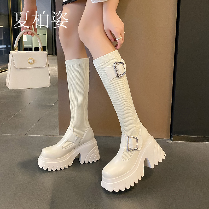 冬季新款百搭针织10cm内增高马丁靴女真皮百搭加绒毛线保暖高筒靴