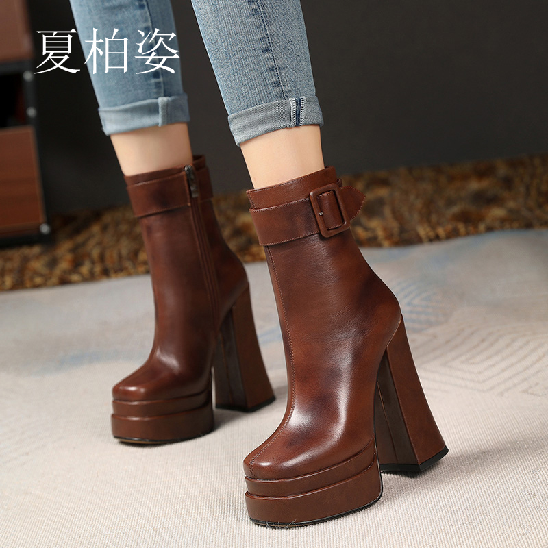 粗跟14cm超高跟靴子短筒靴