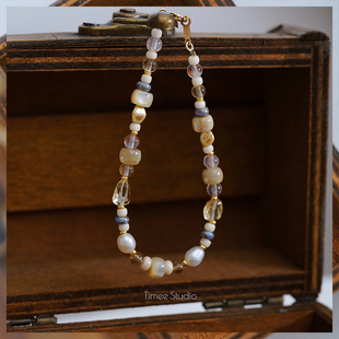 Timee恬觅 天然黄水晶淡水珍珠红胶花琉璃美包手链手串 日光倾城