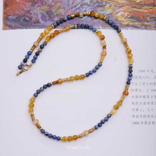 Timee恬觅 秋慕 天然蓝石图画石金虎眼进口琉璃14K美包项链锁骨链