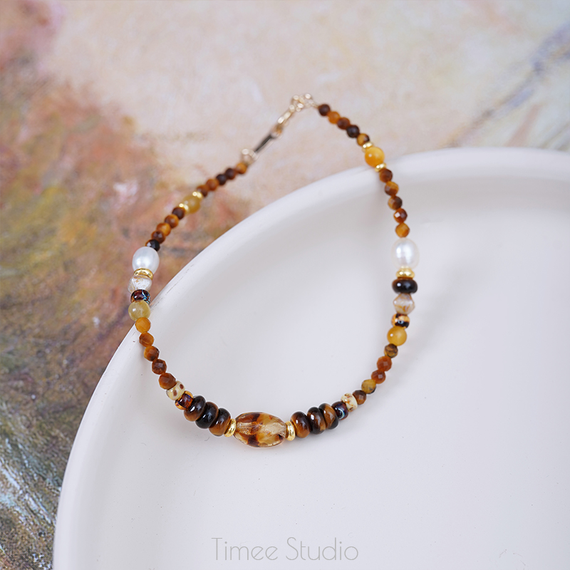 Timee恬觅 深秋小径 天然虎眼石淡水珍珠捷克琉璃14K美包手链礼物
